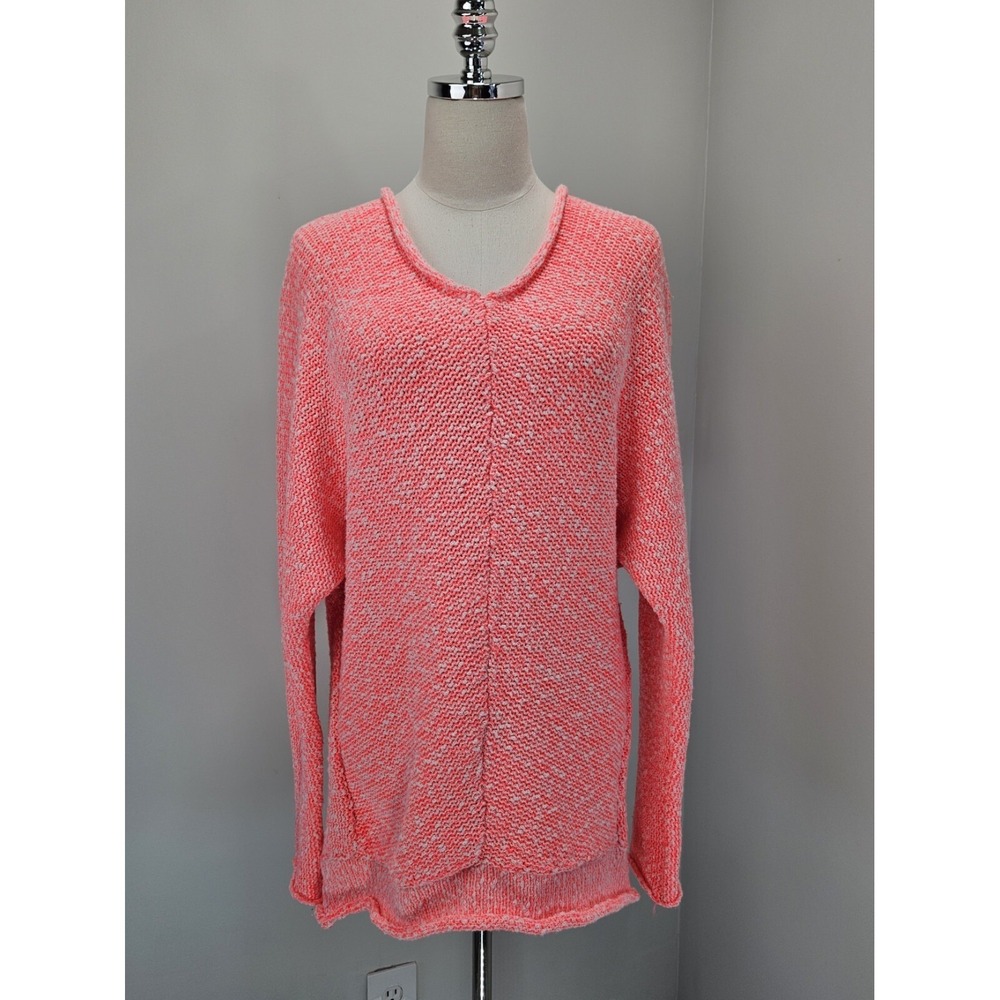 Free People Women Neon Coral Marled Knit Oversized Seam Detail Sweater Size S